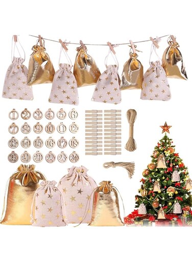 Nedyet Christmas Advent Calendar 2022   Drawstring Candy Bag Countdown Candy Bags Sacks   Christmas Holiday Party Decorations with Wooden Clips &amp; Wall Stickers