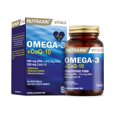 Nutraxin Omega-3 + CoQ-10 Maximum Potency Antioxidant and Fish Oil for Cardiac Support, Energy Metabolism 60 Tablets