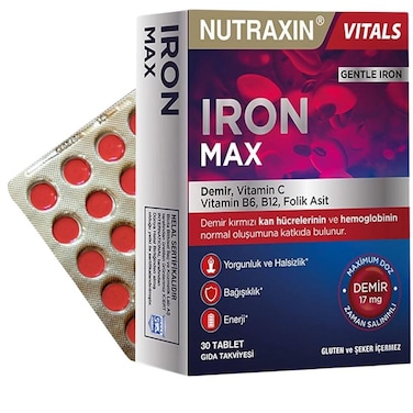 Nutraxin Iron Max Time Release Formula With Vitamin C, B6, B12 and Folic Acid Red Blood Cells and Hemoglobin formation 30 Tablets