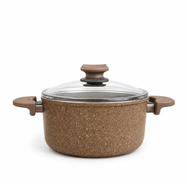 OMS 28 cm Diameter Non-stick and Non-toxic Brown Granite Aluminium Casserole ovensafe with Glass Lid   3110-28   Granite Coated Induction Compatible Aluminium Cooking Pot   Made in Turkey   one pot meals