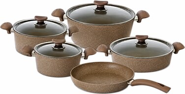 OMS 9 Pcs Granite Non-stick and Non-toxic Cookware Set   Brown   Made in Turkey   Aluminium base   4 Layer Durable coating   Oven safe   Dishwasher safe   3102