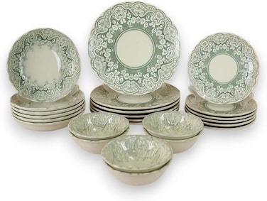 OZO 24 Pieces Turkish Porcelain Dinnerset/Dinnerware - Complete Set, Functions or party/Dinnersets, Housewarming, Houseware : Sage green &amp; white 2501