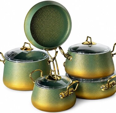 0MS 3042 Granite Cookware Set 9-Piece, Premium Non-Stick Pots &amp; Pans Set, Induction Compatible, 3.5mm Thick Body, Tempered Glass Lids, Multi-Hob (Gas/Electric/Halogen)   ORBIT GREEN