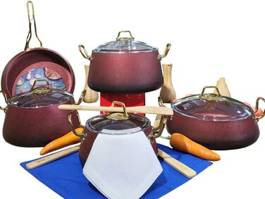 OMS 3042 Granite Cookware Set 9-Piece, Premium Non-Stick Pots &amp; Pans Set, Induction Compatible, 3.5mm Thick Body, Tempered Glass Lids, Multi-Hob (Gas/Electric/Halogen), Large Capacity   ORBIT RED