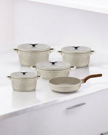 طقم طناجر غرانيت 9 قطع ماركة لون بيج-صناعه تركيه