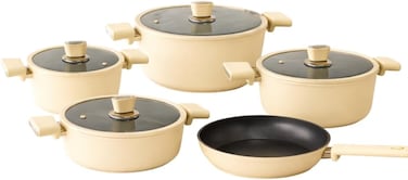 OZO 9 Pcs Non-Stick Granitec Aluminium Coated Cookware Set Combo With Lid Made In Turkiye  3933   Large Medium Small Shallow Casserole Pots,Casseroles, Frying Pan : Color - (Ivory Butter)