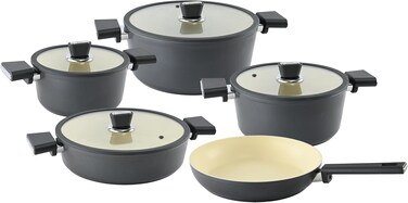 OZO 9 Pcs Non-stick Granitec Aluminium Coated Cookware Set With Lid Made In Turkiye  3933   Large Medium Small Shallow Casserole Pots,Casseroles, Frying Pan Color - (Metal Grey)