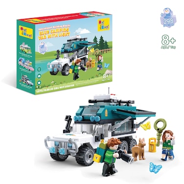 Ogi Mogi Toys Educational Building Blocks &ndash; Blue Camping Van with Light - 298 Pieces   Fun 4-Wheeler Jungle Van Toy for Kids with Figurines, Movable Parts &amp; Light-Up Feature   STEM Toy