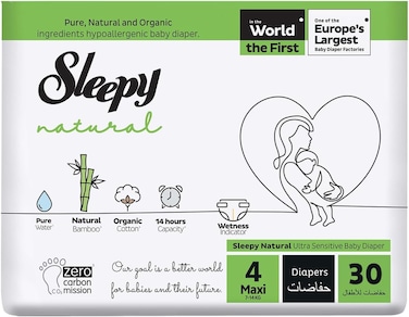 Sleepy Natural Size 4 (Newborn), 30 Count, 7-14kg Hypoallergenic Baby Dry Diapers, Organic Cotton, Highly Absorbent, Bamboo Extract, Ultimate Comfort and Dryness, 100% Leakage Protection