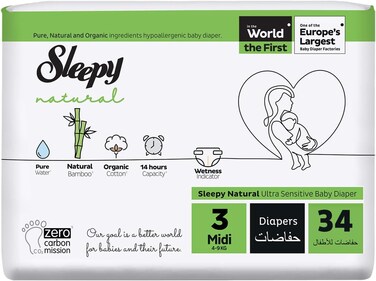Sleepy Natural Size 3 (Newborn), 34 Count, 4-9kg Hypoallergenic Baby Dry Diapers, Organic Cotton, Highly Absorbent, Bamboo Extract, Ultimate Comfort and Dryness, 100% Leakage Protection