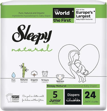 Sleepy Natural Size 5 (Newborn), 24 Count, 11-18kg Hypoallergenic Baby Dry Diapers, Organic Cotton, Highly Absorbent, Bamboo Extract, Ultimate Comfort and Dryness, 100% Leakage Protection