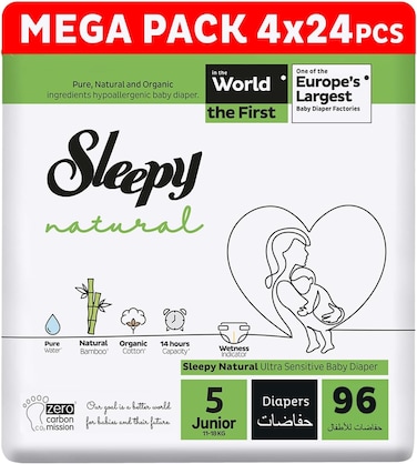 Sleepy Natural Size 5, 11-18Kg Hypoallergenic Baby Dry Diapers, Organic Cotton, Highly Absorbent, Bamboo Extract, Ultimate Comfort and Dryness, 100% Leakage Protection (5, 96, count)
