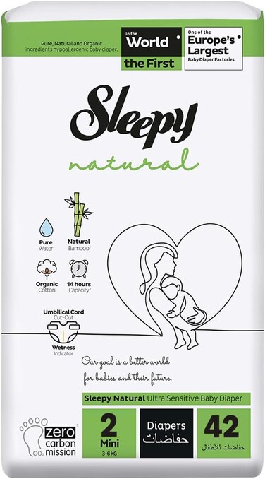 Sleepy Natural Size 2 (Newborn), 42 Count, 3-6kg Hypoallergenic Baby Dry Diapers, Organic Cotton, Highly Absorbent, Bamboo Extract, Ultimate Comfort and Dryness, 100% Leakage Protection