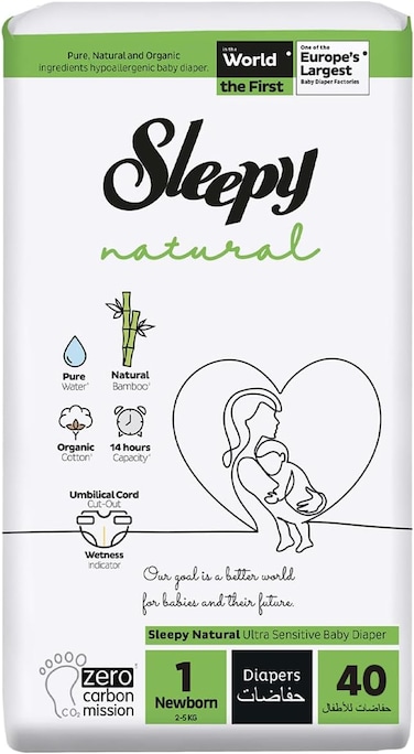 Sleepy Natural Size 1 (Newborn), 40 Count, 2-5kg Hypoallergenic Baby Dry Diapers, Organic Cotton, Highly Absorbent, Bamboo Extract, Ultimate Comfort and Dryness, 100% Leakage Protection
