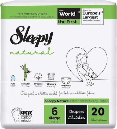 Sleepy Natural Size 6, 20 Count, 15-25kg Hypoallergenic Baby Dry Diapers, Organic Cotton, Highly Absorbent, Bamboo Extract, Ultimate Comfort and Dryness, 100% Leakage Protection