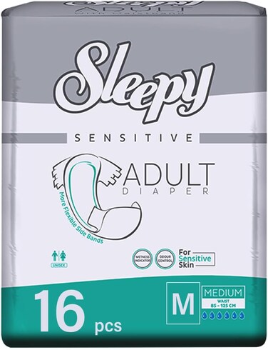 Sleepy Hypoallergenic 16 Adult Diapers, Size- Medium, Unisex Diapers for Sensitive Skin, Odour Control Diapers, Wetness Comfortable &amp; Adjustable, 85-125cm