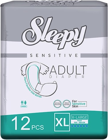 Sleepy Hypoallergenic 12 Adult Diapers, Size - x Large, Unisex Diapers for Sensitive Skin, Odour Control Diapers, Wetness Comfortable &amp; Adjustable, 120-160cm
