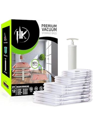 H&amp;K Vacuum Storage Bags - 12 Pcs Travel Compression Bag - Clothing Storage Bags with Hand Pump for Mattress, Bedding, Blanket, Duvet, Pillows, Comforters, Rug (12 Packs (3J x 3L x 3M x 3S))