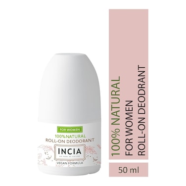 INCIA Women's Natural Roll-On Deodorant 100% Natural, Aloe Vera &amp; Alum, Gentle on Skin, Antibacterial, Non-Sticky, Long-Lasting Freshness, Prevents Body Odor - 50 ml