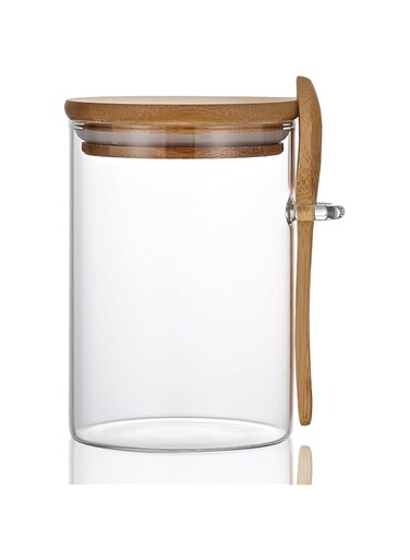 MOLFUJ 15Oz/450ML/1Lb Clear Glass Containers for Pantry with Wooden Spoon, Small Air Tight Food Storage Canister with Bamboo Airtight Lid, Hermetic Covered Kitchen Ornzation Storage Jars with Scoop