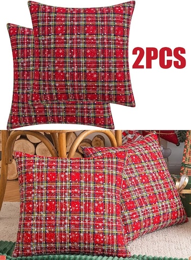 2PCS Christmas Plaid Decorative Throw Pillow Covers Snowflake Tartan Scottish Cushion Cover for Sofa Couch Farmhouse Holiday Decor Red and Green 18x18 Inch Throw pillowcases