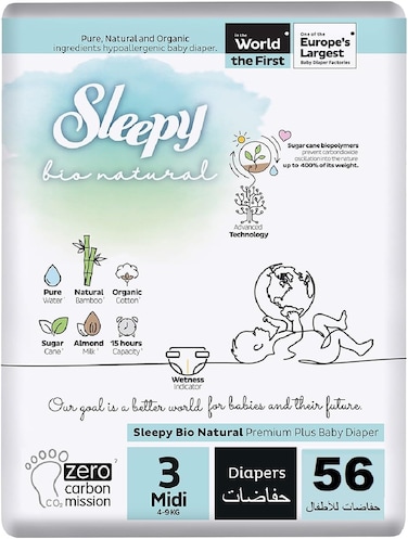 Sleepy Bio Natural Premium Size 3 Diapers, 56 Count, Baby Dry Taped Diapers, 4-9kg Hypoallergenic, Water Based, Almond Milk, Vegan, 100% Leakproof
