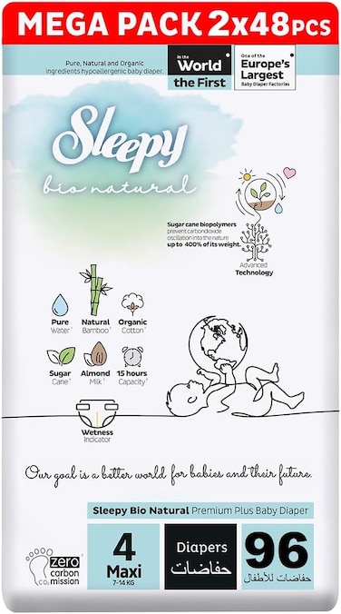 Sleepy Bio Natural Premium Size 4 Diapers, 96 Count Baby Dry Taped Diapers, 2x48 7-14kg Hypoallergenic, Water Based, Almond Milk, Vegan, 100% Leakproof