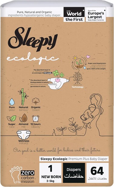 Sleepy Ecologic Size 1, 64 Count (New Born), Hypoallergenic, Plant-Based, Biodegradable, Sustainable, Premium Taped Diapers with High Absorption, Organic Baby Dry Diaper 3-6 kg, 100% Leakproof