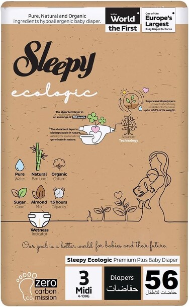 Sleepy Ecologic Size 3, 56 Count, Hypoallergenic, Plant-Based, Biodegradable, Sustainable, Premium Taped Diapers with High Absorption, Organic Baby Dry Diaper 4-10 kg, 100% Leakproof