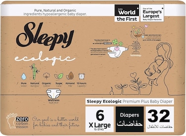 Sleepy Ecologic Size 6, 32 Count, Hypoallergenic, Plant-Based, Biodegradable, Sustainable, Premium Taped Diapers with High Absorption, Organic Baby Dry Diaper 15-27 kg, 100% Leakproof