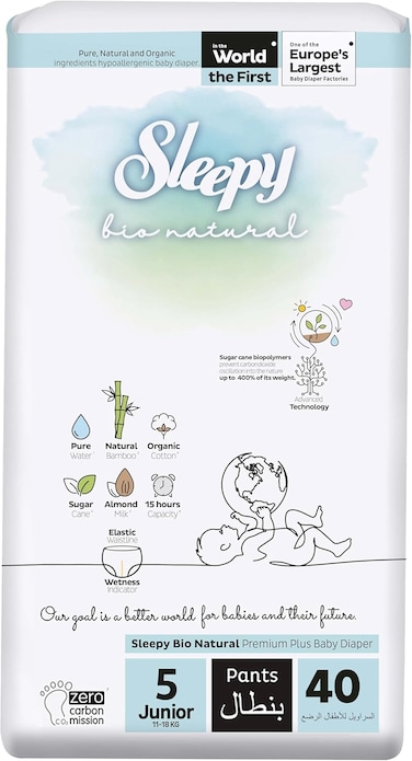 Sleepy Bio Natural Pants Size 5, 40 Count, Organic Comfor Superior Absorbency, Eco-Friendly Hypoallergenic