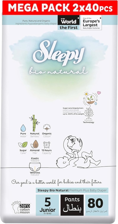 Sleepy Bio Natural Pants Size 5, 80 Count, (2X40) Organic Comfor Superior Absorbency, Eco-Friendly Hypoallergenic