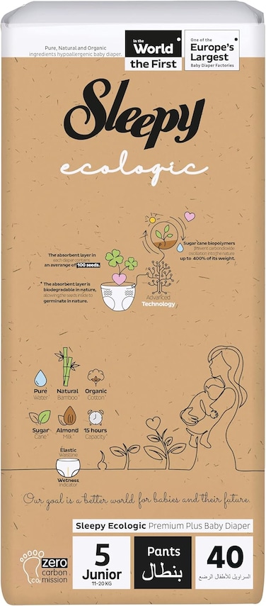 Sleepy Ecologic Pants Size 5, 40 Count, Eco-Friendly Hypoallergenic, Superior Absorbency, All-Natural Materials