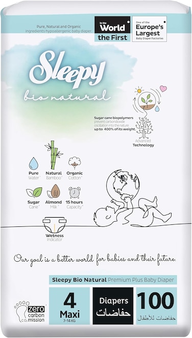 Sleepy Bio Natural Premium Size 4 Diapers, 100 Count, Baby Dry Taped Diapers, 7-14kg Hypoallergenic, Water Based, Almond Milk, Vegan, 100% Leakproof