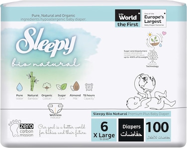Sleepy Bio Natural Premium Size 6 Diapers, 100 Count, Baby Dry Taped Diapers, 15-25kg Hypoallergenic, Water Based, Almond Milk, Vegan, 100% Leakproof