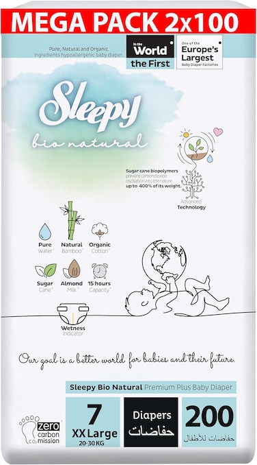 Sleepy Bio Natural Premium Size 7 Diapers ,200 Count, Baby Dry Taped Diapers, 20-30Kg Hypoallergenic, Water Based, Almond Milk, Vegan, 100% Leakproof