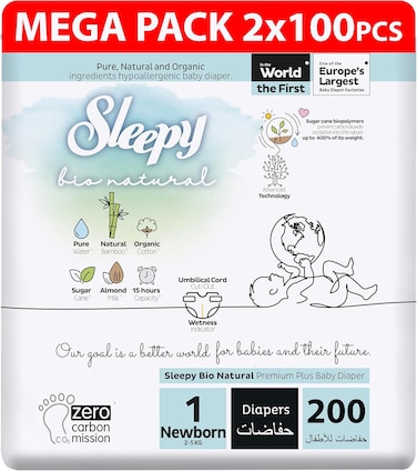 Sleepy Bio Natural Premium Size 1 Diapers, 200 Count, Baby Dry Taped Diapers, 2-5Kg Hypoallergenic, Water Based, Almond Milk, Vegan, 100% Leakproof