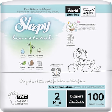 Sleepy Bio Natural Premium Size 2 Diapers, 100 Count, Baby Dry Taped Diapers, 3-6kg Hypoallergenic, Water Based, Almond Milk, Vegan, 100% Leakproof