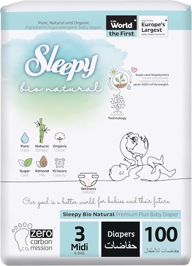 Sleepy Bio Natural Premium Size 3 Diapers, 100 Count, Baby Dry Taped Diapers, 4-9kg Hypoallergenic, Water Based, Almond Milk, Vegan, 100% Leakproof