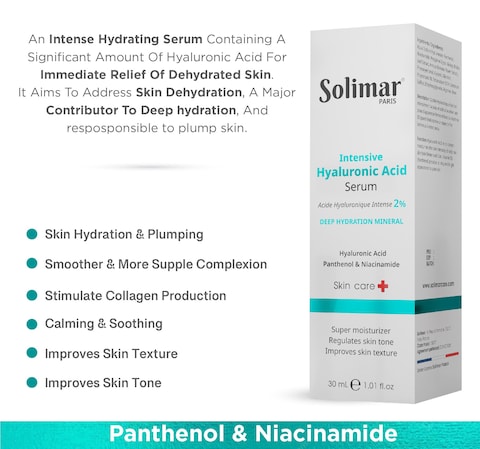 Solimar Paris Intensive Hyaluronic Acid Serum 30ml   Hydration, reducing wrinkles, and speeding up wound healing, for All Skin Types