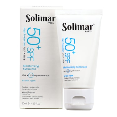 كريم واقي الشمس المرطب من سوليمار باريس بعامل حماية من الشمس 50+ مع حمض الهيالورونيك، لجميع أنواع البشرة. ترطيب عميق، لا يترك أي بقايا بيضاء، ملمس خفيف للغاية، مناسب للاستخدام قبل المكياج، 50 مل