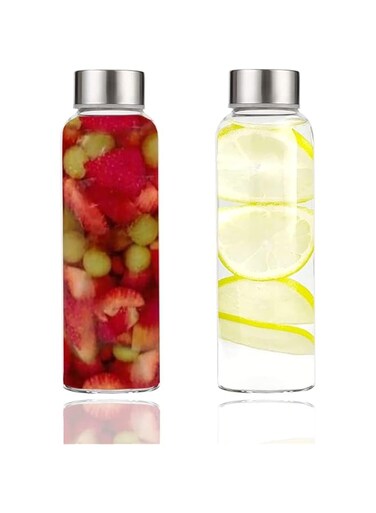 Khazna Glass Water Bottles With Caps: Clear, Pack of 2, 18 Oz, Leakproof Lids, Premium Soda Lime, Best As Reusable Drinking Bottle, Sauce Jar, Juice Beverage Container (2)