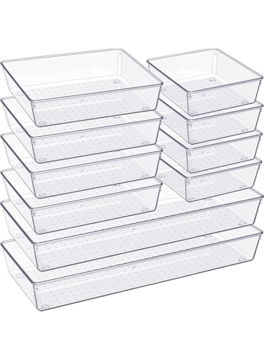Purfex 10 Pack Drawer Organiser Trays, Large Clear Plastic Drawer Organizers Set 3 Size for Bathroom ,Vanity, Storage Bins ,Makeup, Bedroom, Kitchen Cupboard, Gadgets &amp; Utensils