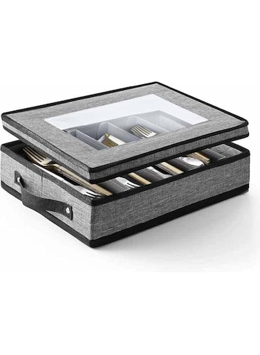 Flatware &amp; Utensil Storage - Durable Silverware Storage Box with Padded Dividers, 5 Compartment Flatware Storage Case, Silverware Case with Handles and Removable Lid - Protects and Organizes Cutlery