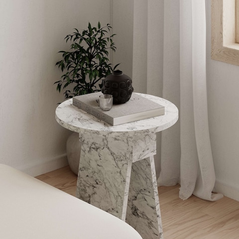 Mourah Home Chen Side Table - White Marble - 2 Years Warranty