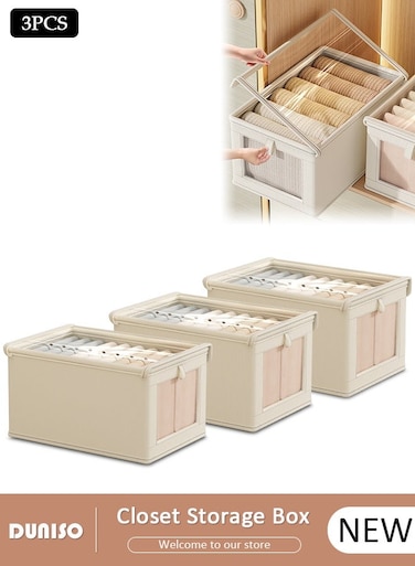 3 Pieces Foldable Closet Storage Organizer with Clear Lid and Window, Washable Closet Storage Boxes with Carrying Handles , Stackable Wardrobe Clothes Organizer,Cube Storage Bin for Clothes Wardrobe Home Bedroom Office