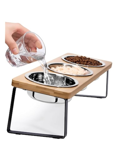 LUCKY-D Raised Cat Food Water Bowl Elevated Tilted Cat Dishes Set of 3 Ceramic Dish for Indoor Cats Orthopedic Pet Food Stand Anti Vomiting 3 Bowl Cat Feeder (Stainless steel bowl)