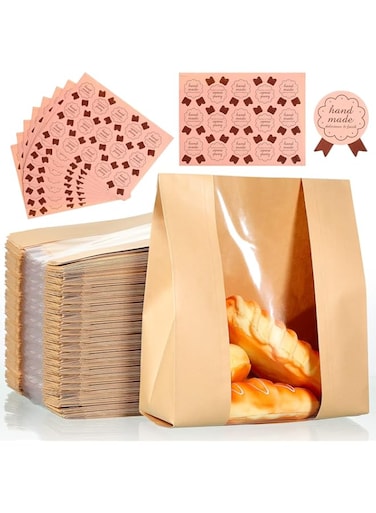 50 Pcs Bakery Bags with Window, Large Packing Loaf Bag, Brown Kraft Paper Bags, Bread Paper Bags for Homemade Bread Cookies Bagel Pastry Bakery Sandwich - Egg Sandwich Bags with 300 Pcs Stickers