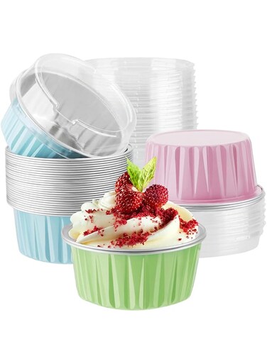 MAKINGTEC Disposable Foil Ramekins with Lids, 30pcs 5oz 125ml Aluminum Foil Muffin Liners Cupcake Baking Cups, Mini Pie Pans with Lids, Disposable Foil Baking Cups Containers for Creme Brulee