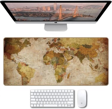 Gaming Mouse Pad 90x40cm Non-Slip World Map Design XXL Desk Pad for Office Home Gaming Beige